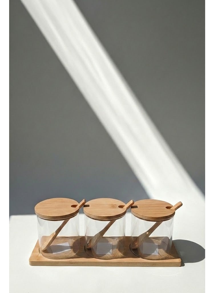 كذا هوم Casa Home طقم برطمانات توابل 3 قطع بغطاء وملعقة وصينية من خشب طبيعي، عبوات شفافة لتنظيم التوابل والبهارات في المطبخ - Image 1